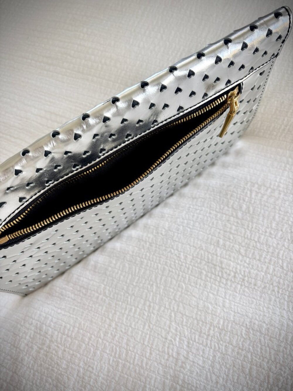 J. Crew Silver Leather Envelope Clutch with Cutout Hearts - Picture 5 of 14